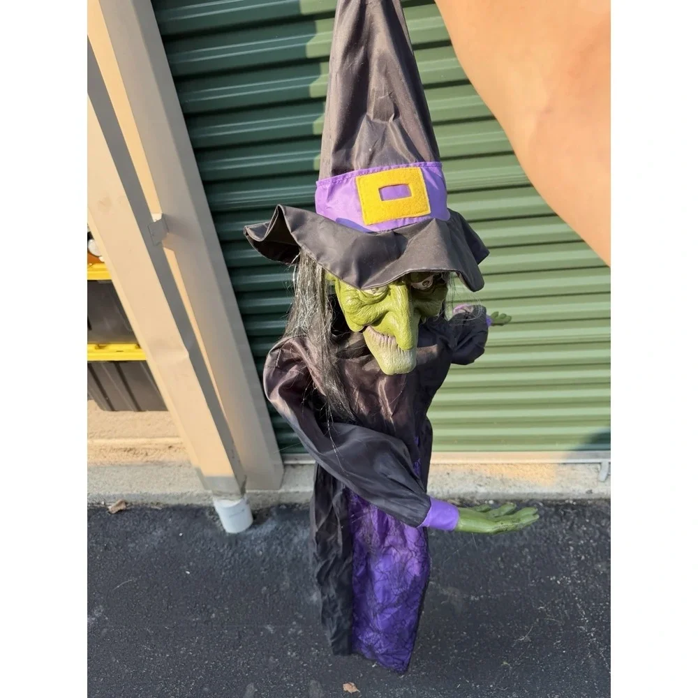 Vintage Gemmy Animated Hanging Witch Halloween Prop Green Purple 3ft 5in